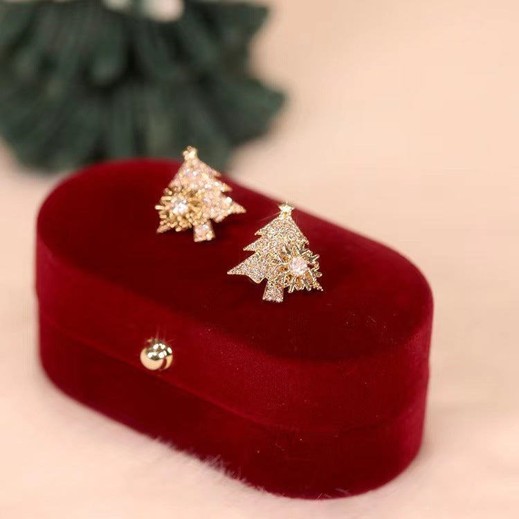 Rotatable Christmas Tree Earrings Shiny Rhinestone Snowflake