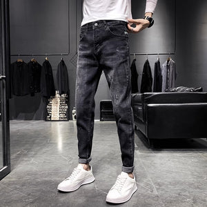 Jeans Men's Black Tapered Cropped Elastic Slim Fit Slimming